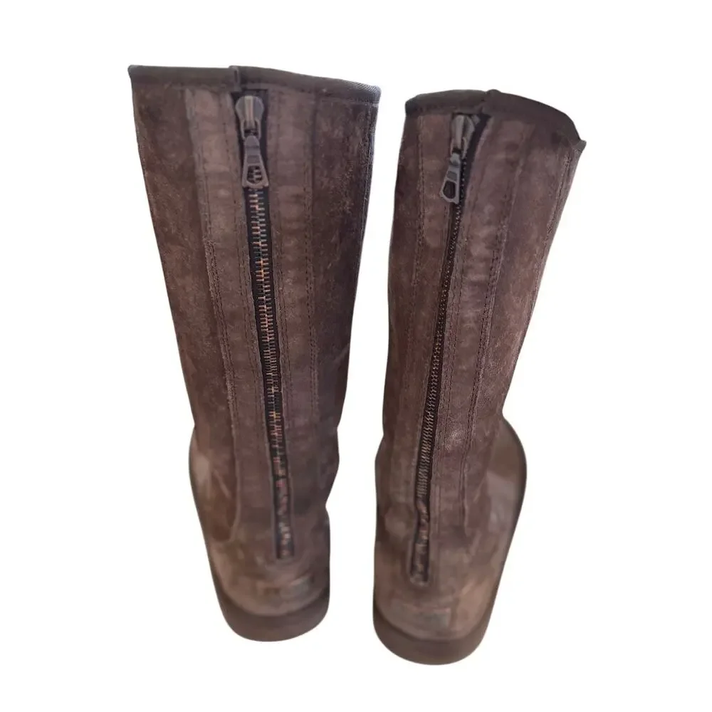 Vintage Y2K Tall Knightsbridge Brown Below Knee Suede Shearling Back Zip Boots